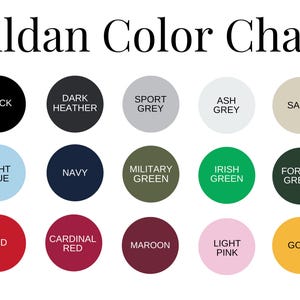 Gildan color chart with swatches for black, grey, sand, blue, navy, green, red, maroon, pink, and gold.