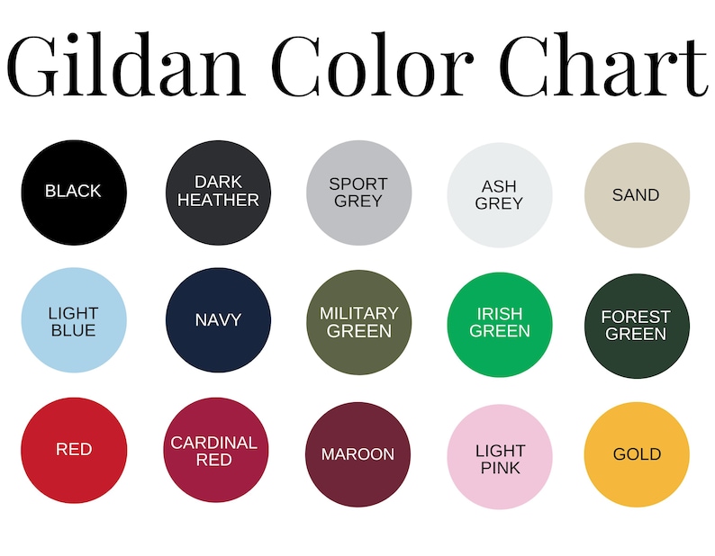 Gildan color chart with swatches for black, grey, sand, blue, navy, green, red, maroon, pink, and gold.