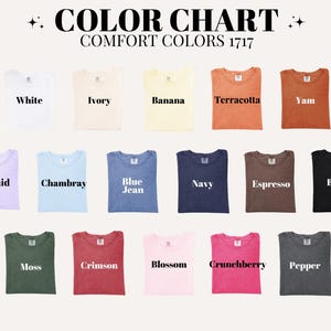Comfort Colors 1717 Color Chart, White, Ivory, Banana, Terracotta, Yam, Orchid, Chambray, Blue Jean, Navy, Espresso, Black