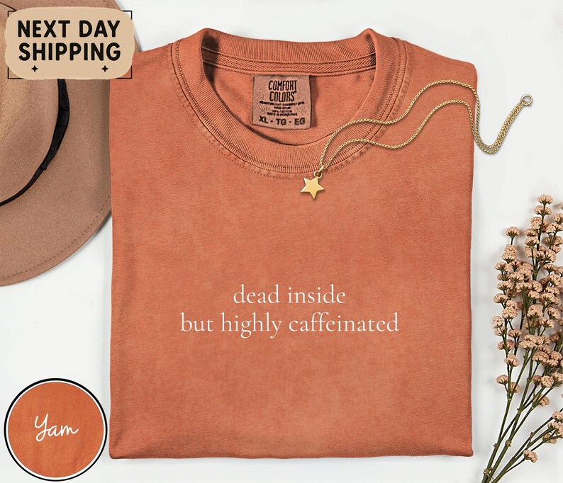 May include: A terracotta-colored t-shirt with the text "dead inside but highly caffeinated" in white. A gold star pendant necklace rests on the shirt. The shirt is folded, and a brown hat is partially visible.