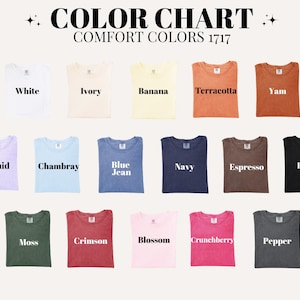 Comfort Colors 1717 color chart with swatches named White, Ivory, Banana, Terracotta, Yam.