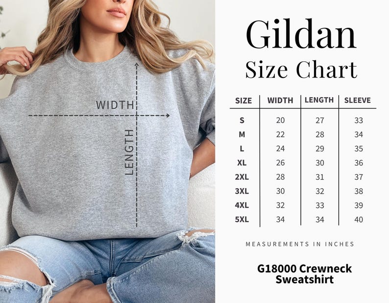 Gildan 18000 Size Chart, G18000 Crewneck Sweatshirt Sizing Guide, Unisex Apparel Measurements, Instant Digital Download png jpg
Gildan Size