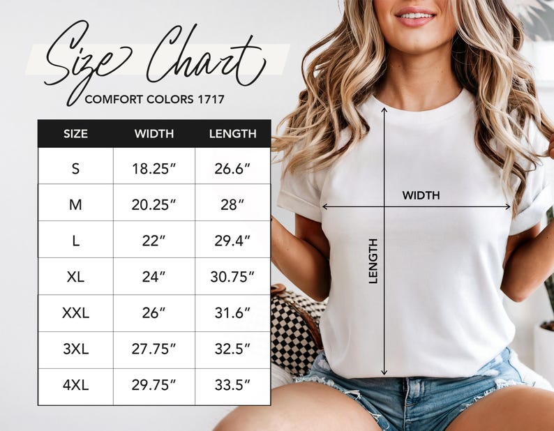 Comfort Colors 1717 Size Chart, Apparel Sizing Guide, T-Shirt Measurements, Garment Size Chart, Unisex Tee Sizes, S-4XL Sizes, Etsy Listing