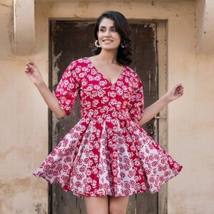 Red Floral printed short dress cotton dress for  women casual vintage indian ethnic block print western dress gift for her party dress