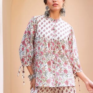 Floral Print Cotton Pleated a-Line Kurti indian block print top women kurti summer top white printed kurti collar shirt style top gift women