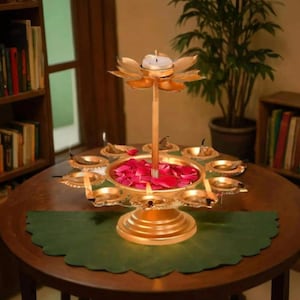 Diwali Decoration Items for Home Decor,  Bowl Diya Stand for Home Decor, Urli Lotus Candle Holder Set,  for Family Friends (8.8 Inch Height