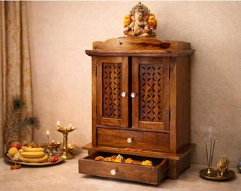 Solid Sheesham Wood Floor Standing Pooja Temple with Drawer for Home & Office | Teak Finish