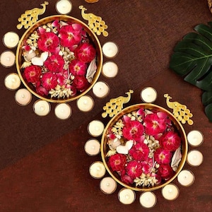Pack of 2 Urli Bowl for Living Room with 8 Attached Oil Diyas (Metal, 25 Cm X 5 Cm) - Decoration Items for Pooja Room Uruli Bowls Decorative