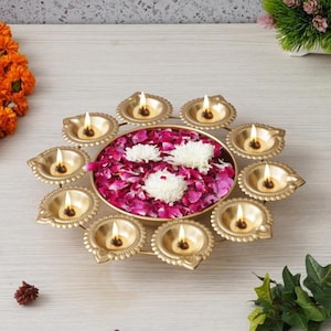 Metal Handcrafted Flower Decorative Urli with 10 Diyas | Urli Bowl for Home Decor | Urli for Floating Flowers | Diwali Decoration