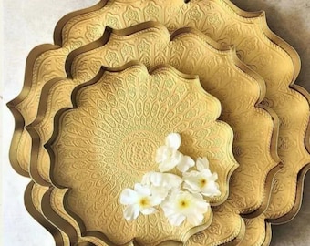 ゴールド仕上げの蓮の花のウルリ｜彫刻入りのプージャ＆ウェディングセンターピース3点セット