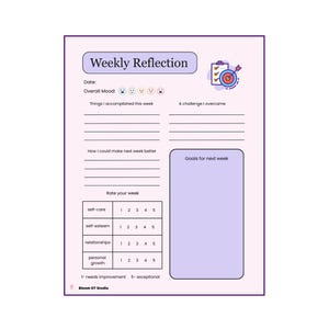 May include: A Weekly Reflection worksheet with a light purple background. The worksheet includes sections for mood, accomplishments, challenges, and goals. It also has a rating section for self-care, self-esteem, relationships, and personal growth. The text "Bloom OT Studio" is at the bottom.