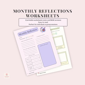 Op de afbeelding: Twee afdrukbare werkbladen met de tekst "Monthly Reflections Worksheets". De werkbladen zijn in kleur en zwart-wit versies. Het eerste werkblad heet "Monthly Reflection" en bevat prompts voor zelfreflectie. Het tweede werkblad heet "Reflections".