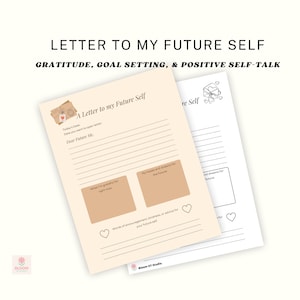 Puede incluir: Dos hojas de papel con el texto "Carta a mi yo futuro" y indicaciones para la gratitud, la fijación de objetivos y la autocomunicación positiva. La hoja superior es beige con una estética vintage, mientras que la hoja inferior es blanca.