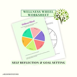 May include: Two worksheets for self-reflection and goal setting. The first is a colorful wellness wheel divided into sections labeled Physical, Emotional, Intellectual, Financial, Social, and Leisure. The second worksheet is a blank wheel. Text reads "Wellness Wheel Worksheet" and "Self Reflection & Goal Setting."