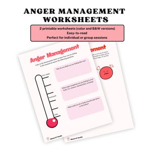 Peut inclure: Deux feuilles de travail imprimables sur la gestion de la colère, avec des versions couleur et noir et blanc. Les feuilles de travail présentent un graphique de thermomètre et des invites pour identifier les sentiments et les stratégies d'adaptation. Le texte comprend "Gestion de la colère".