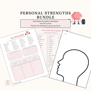 Op de afbeelding: Een Personal Strengths Bundle met twee printbare werkbladen en een portretomtrek. De werkbladen bevatten lijsten met karaktereigenschappen met selectievakjes, lege ruimtes om te schrijven en een afbeelding van een brein dat een halter optilt. De tekst luidt Personal Strengths Bundle, My Strengths en Personal Strengths.