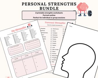 May include: A Personal Strengths Bundle featuring two printable worksheets and a portrait outline. The worksheets include lists of character traits with checkboxes, blank spaces for writing, and a brain graphic lifting a barbell. The text reads Personal Strengths Bundle, My Strengths, and Personal Strengths.