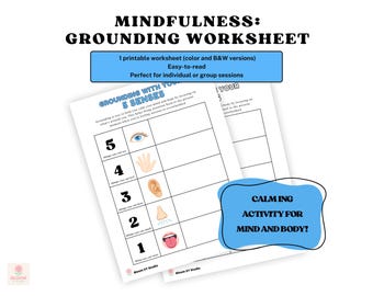 5 Senses Grounding Worksheet | Anxiety Coping Skill | Mental Health Printable PDF | Color, B&W Versions