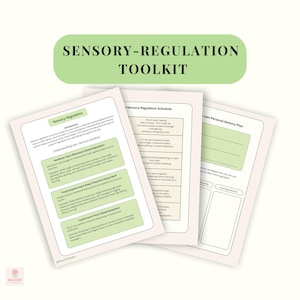Könnte beinhalten: Ein Sensory-Regulation-Toolkit mit drei weißen Seiten. Die oberste Seite trägt den grünen Titel "Sensory-Regulation Toolkit". Die Seiten enthalten Text zur sensorischen Regulierung, einschließlich eines Zeitplans und eines persönlichen sensorischen Plans.