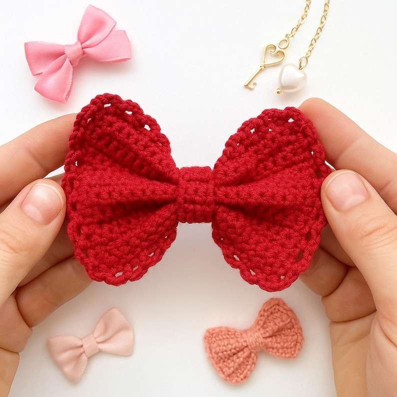 Pu&ograve; includere: Un fiocco all'uncinetto rosso brillante con bordo smerlato. Il fiocco &egrave; centrato, affiancato da un piccolo fiocco in raso rosa, una collana color oro con ciondoli a forma di chiave e cuore, un piccolo fiocco rosa chiaro e un piccolo fiocco all'uncinetto color pesca su una superficie bianca.