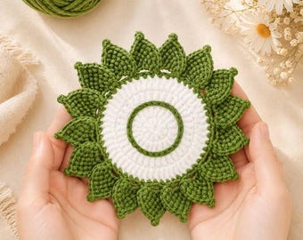 Patrón de posavasos de ganchillo con diseño de hojas y flores en PDF / Patrón de posavasos floral / Posavasos de ganchillo estilo cottagecore / Decoración botánica acogedora para el hogar (hazlo tú mismo)