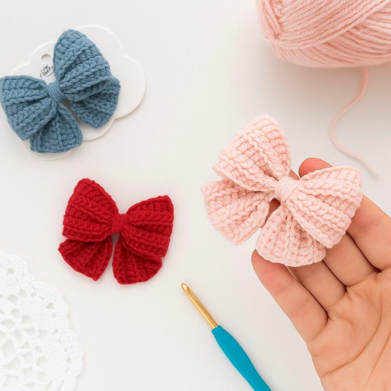 May include: Three handmade crochet bows in blue, red, and light pink. The blue bow is attached to a white card, the red bow lies flat, and the light pink bow is held. A ball of light pink yarn and a blue crochet hook are also visible.