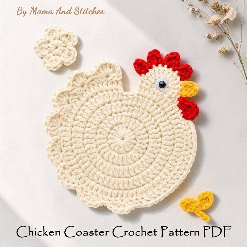 Pode incluir: Um porta-copos de croch&ecirc; em forma de galinha na cor creme com crista vermelha, bico amarelo e um olho m&oacute;vel preto e branco. O texto "By Mama And Stitches" e "Chicken Coaster Crochet Pattern PDF" &eacute; vis&iacute;vel junto com uma pequena flor.