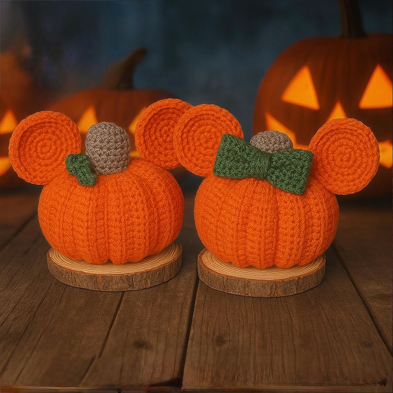 May include: Two crocheted orange pumpkins with round ears, each resting on a circular wood slice base. One pumpkin features a small green leaf and a gray stem, while the other displays a green bow and a gray stem, both crafted with yarn.