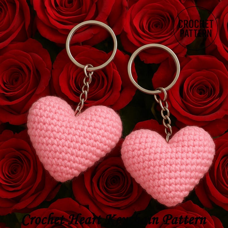 Peut inclure: Deux porte-cl&eacute;s en forme de c&oelig;ur rose crochet&eacute;s, avec des anneaux et des cha&icirc;nes argent&eacute;s. Les porte-cl&eacute;s sont plac&eacute;s sur un fond de roses rouges. Le texte "Crochet Heart Keychain Pattern" est visible en bas de l'image.