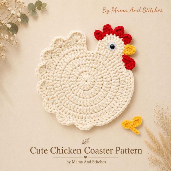 Chicken Coaster Crochet Pattern PDF, Easy Beginner Crochet Pattern, Farmhouse Kitchen Decor, Cute Hen Coaster, Instant Download, Mug Rug pdf