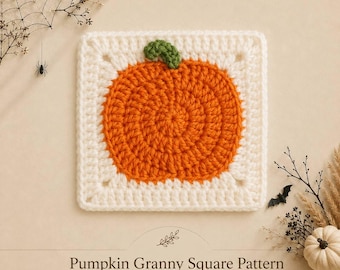 May include: A square crochet motif featuring a central orange pumpkin with a green stem, framed by a white border. The text below reads Pumpkin Granny Square Pattern by Mama And Stitches, accompanied by decorative spiderweb and bat illustrations.