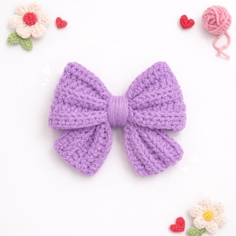 May include: A lavender crochet bow with a central knotted band. The bow features a textured, ribbed stitch pattern. Surrounding the bow are small decorative elements including two crocheted flowers with white petals and a pink yarn ball.