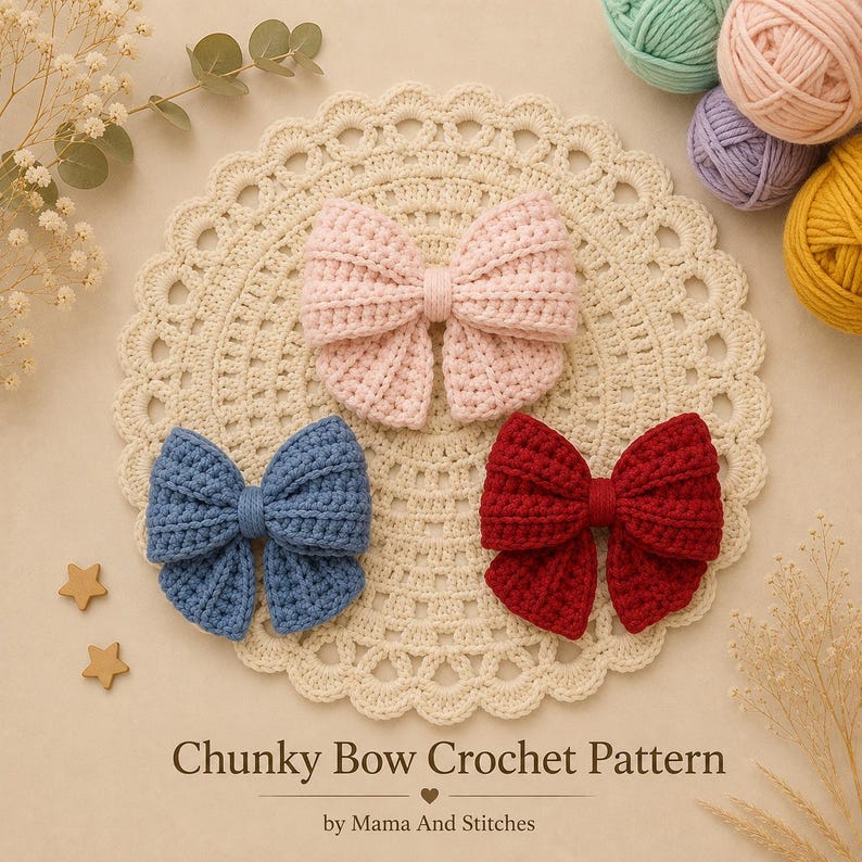 May include: Three handmade crochet bows in light pink, dusty blue, and deep red, featuring a textured ribbed pattern. The text "Chunky Bow Crochet Pattern by Mama And Stitches" is printed at the bottom of the image, which also includes yarn balls.