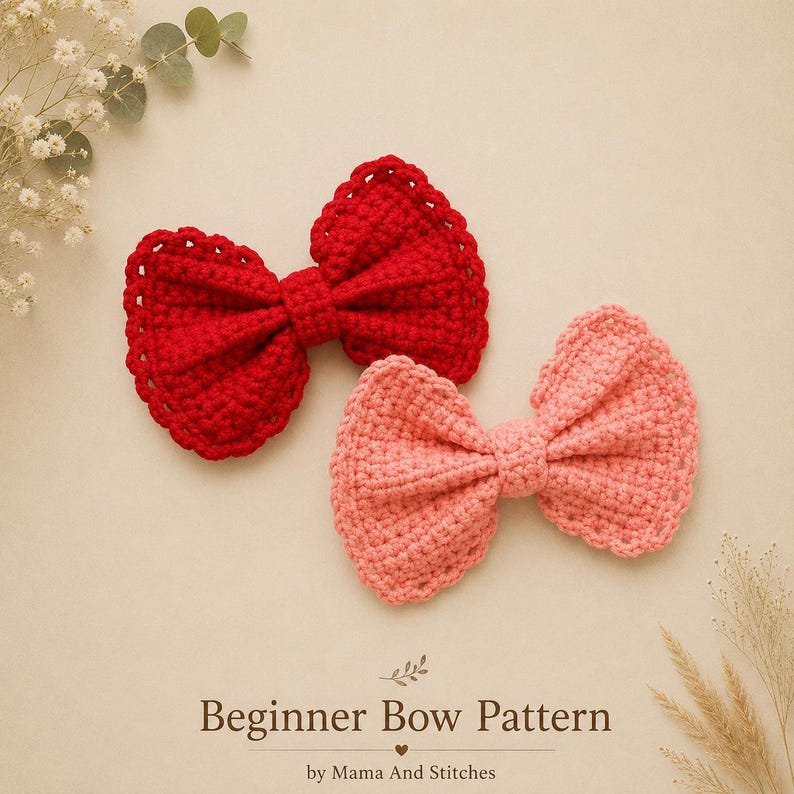 Pu&ograve; includere: Due fiocchi realizzati a mano all'uncinetto, uno rosso brillante e uno rosa tenue, caratterizzati da un motivo a punti strutturati con bordi smerlati. Il testo "Beginner Bow Pattern" e "by Mama And Stitches" &egrave; stampato in basso.