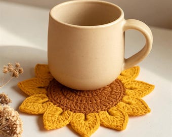 Padrão de crochê fácil para porta-copos de girassol em PDF, porta-copos floral rápido para iniciantes, ideia de presente artesanal, tutorial de crochê para download instantâneo, tapete para caneca