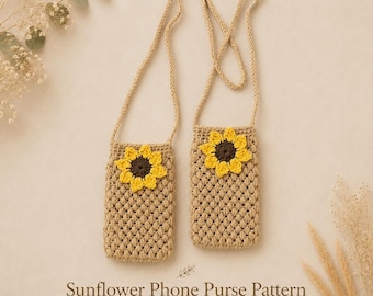 Op de afbeelding: Twee beige gehaakte telefoontasjes met lange hengsels, elk voorzien van een centraal zonnebloemmotief met gele bloemblaadjes en een donkerbruin hart. De tekst eronder luidt: Sunflower Phone Purse Pattern by Mama And Stitches.