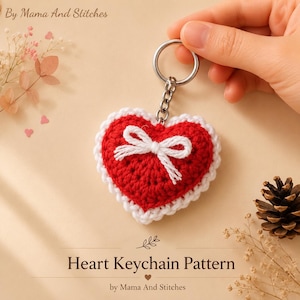 Chunky Heart Keychain Crochet Pattern PDF, Bow Heart Bag Charm Pattern, Cute Amigurumi Heart Keyring, Easy Valentine Gift Crochet Pattern