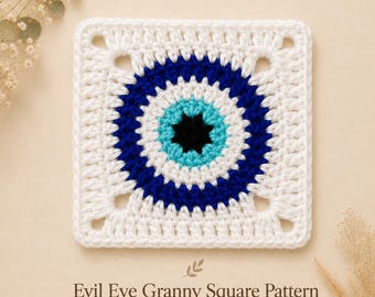 Evil Eye Crochet Granny Square | Protection Crochet Motif | Boho Home Decor Motif | Applique Patch | DIY Blanket, Bag, Wall Hanging Pattern