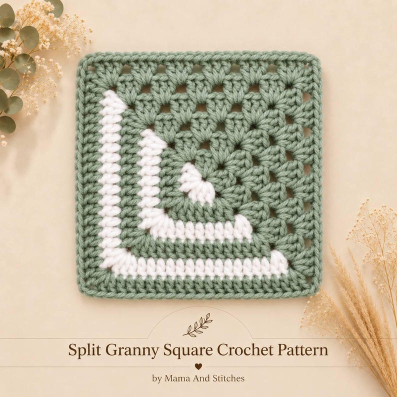 May include: A square crochet motif featuring a split design with sage green and white yarn. The pattern consists of clusters of stitches forming a geometric square. Text below reads: Split Granny Square Crochet Pattern by Mama And Stitches.