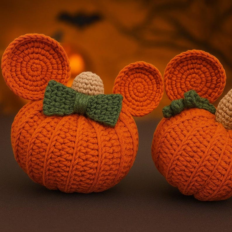 May include: Two orange crocheted pumpkins with round ears, one featuring a green bow and a small tan stem, and the other with a green stem and tan accent. The pumpkins have a ribbed texture and are crafted from yarn in a rounded, plush shape.