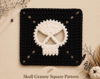 Skull Granny Square Crochet Pattern | Halloween Crochet Idea | Spooky Skull Motif | Halloween Granny Square For Bag, Blanket, Pillow | Gift