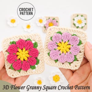 3D Crochet Flower Granny Square Pattern PDF | Crochet Floral Square Tutorial | Easy Crochet Motif Pattern | Digital Crochet Pattern | Gift