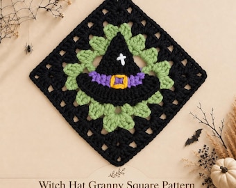May include: A square crochet motif featuring a black witch hat with a purple band, a yellow buckle, and a white cross detail, centered on a light green floral-shaped layer within a black granny square border. Text reads Witch Hat Granny Square Pattern.