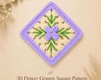 Crochet 3d Flower Granny Square Pattern PDF | Easy Floral Granny Square Tutorial | Crochet Square with Leaves | Instant Download Pattern