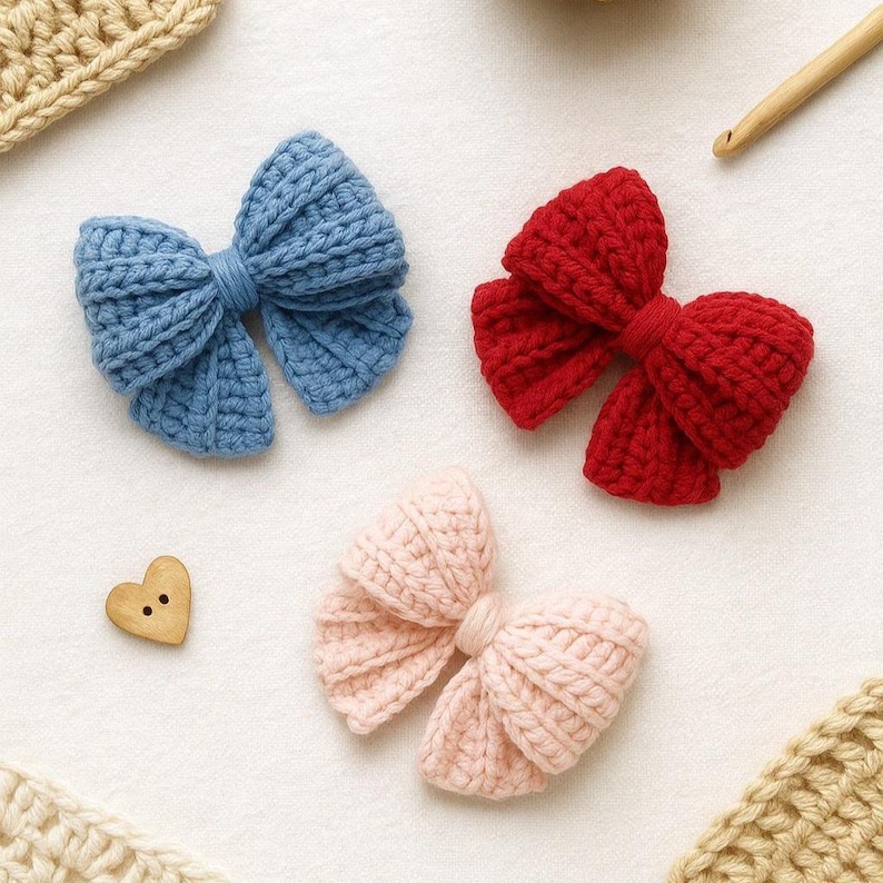 May include: Three handmade crochet bows in blue, red, and light pink colors. Each bow features a textured, ribbed yarn construction with a central knot detail. A small, light brown wooden heart-shaped button with two holes is positioned nearby.