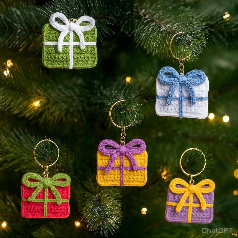 Peut inclure: Cinq porte-cl&eacute;s faits &agrave; la main en forme de bo&icirc;te cadeau au crochet, de diff&eacute;rentes couleurs : vert, rouge, jaune, blanc et violet. Chaque bo&icirc;te a un n&oelig;ud contrastant et un porte-cl&eacute;s dor&eacute;. Les porte-cl&eacute;s sont accroch&eacute;s &agrave; un sapin de No&euml;l.