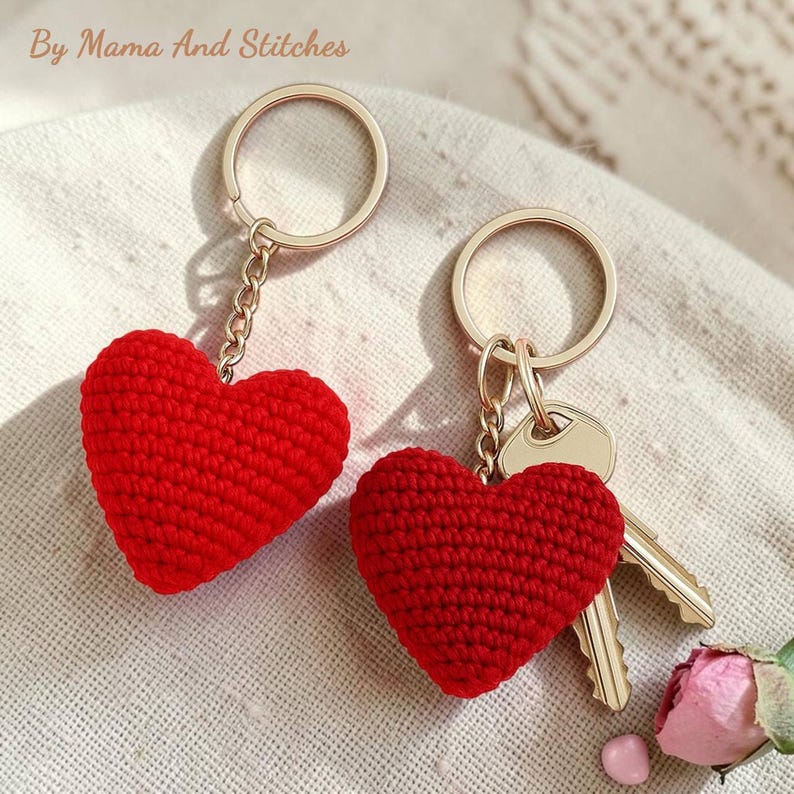 Peut inclure: Deux porte-cl&eacute;s en forme de c&oelig;ur rouge crochet&eacute; avec des anneaux et des cha&icirc;nes dor&eacute;s. Les porte-cl&eacute;s sont en forme de c&oelig;ur. Le texte "By Mama And Stitches" est en haut &agrave; gauche.