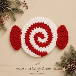 Peppermint Candy Coaster Crochet Pattern | Christmas Crochet Decor | Easy Holiday Crochet Pattern PDF | Two Color Spiral Coaster Pattern