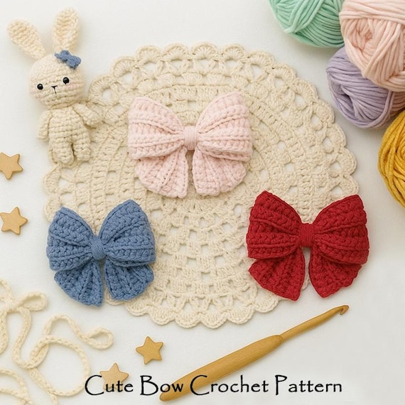 Crochet Hair Bow Pattern PDF, Cute Chunky Bow Clip DIY, Handmade Girl Hair Accessory, Baby Shower Crochet Gift Pattern, Instant Download