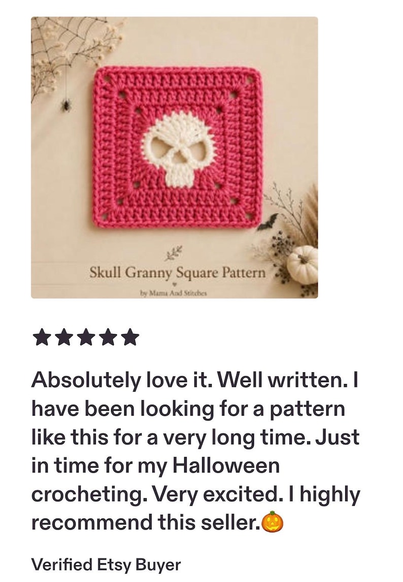 May include: A square crochet piece featuring a white skull motif centered on a vibrant pink background. The text below reads Skull Granny Square Pattern by Mama And Stitches. The design is a flat, hand-stitched textile square with a distinct skull shape.
